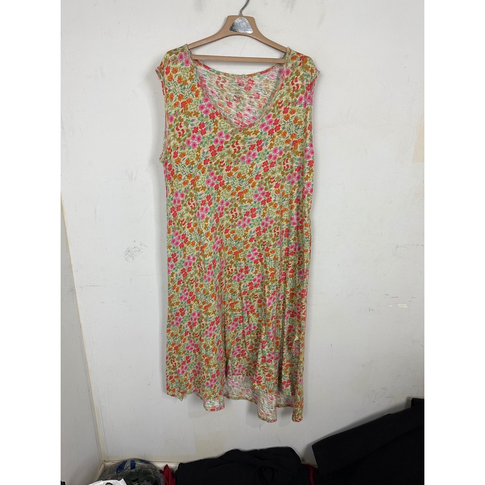 Natural Life Floral Cotton Slub V-Neck Midi Dress Pockets L/XL